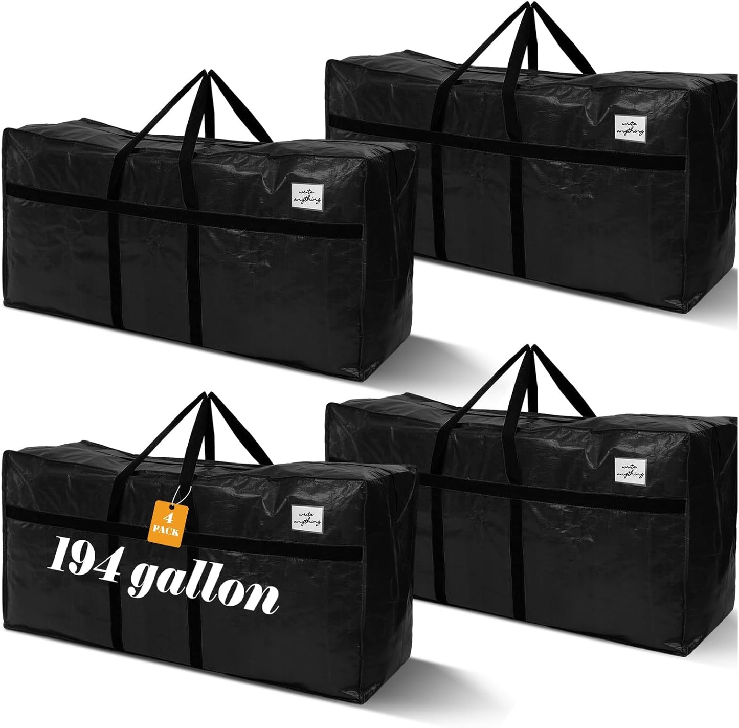 4 Pcs 194 Gallon Large Moving Bags with Zipper and Handles Foldable Storage Duffle Bags Heavy Duty Extra Large Totes for College Dorm Travel Clothes Blankets Bedding Moving (Black)