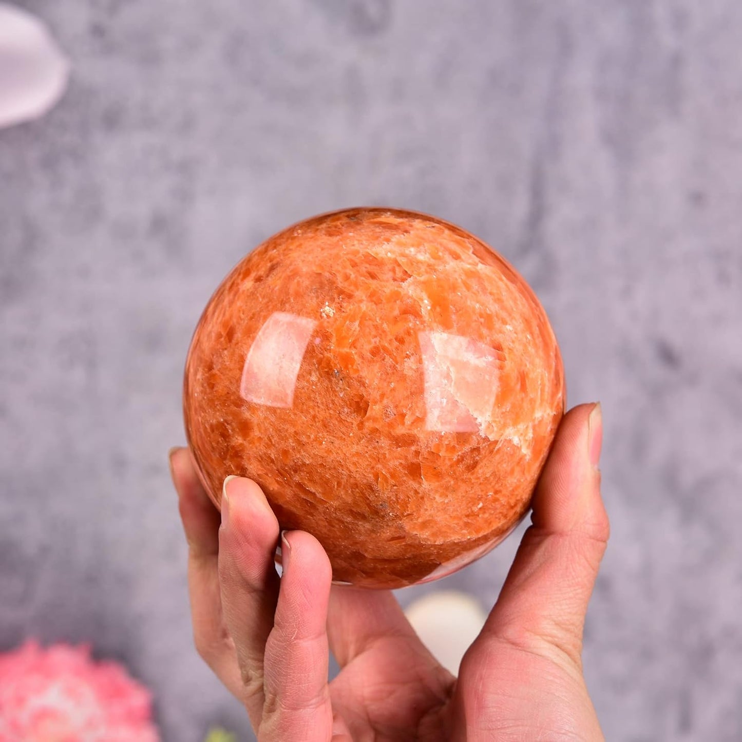 JIC Gem Real Sunstone Crystal Sphere Ball Healing Crystal Ball with Decoation Stand for Fengshui Meditation Ball (100-110mm)