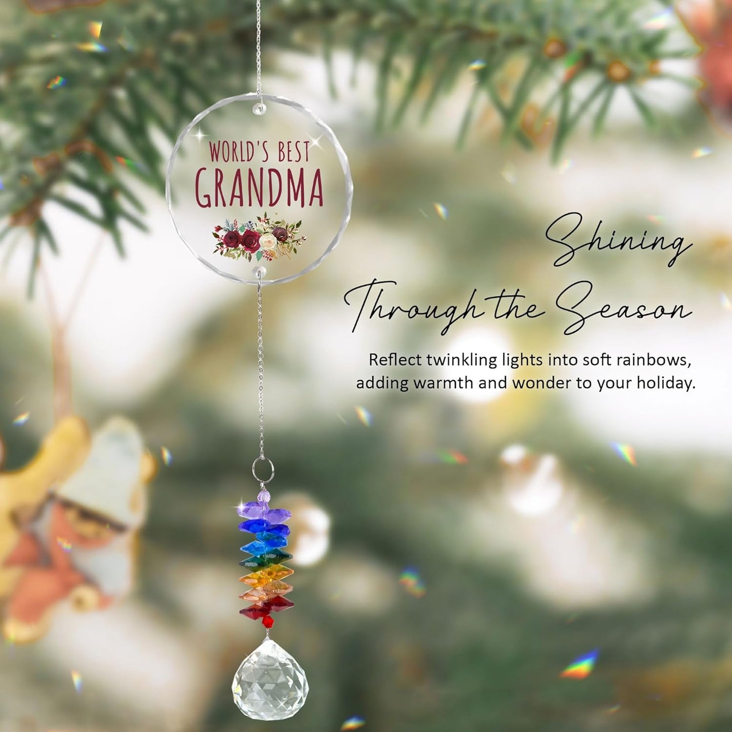 Glass Ornament Suncatcher - World's Best Grandma Birthday Gift for Grandmother - Crystal Rainbow Maker - Gift from Granddaughter Grandson - Window Hangings Home Decor