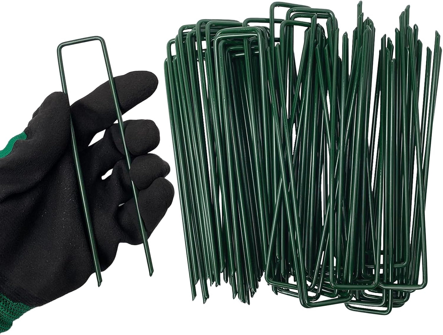 100Pcs Metal Garden Landscape Stakes 6 Inch Landscape Staples,Green Baked Enamel U Stakes for Ground for Weed Barrier,Outdoor Decoration,Tarps,Irrigation Pipes Fixed