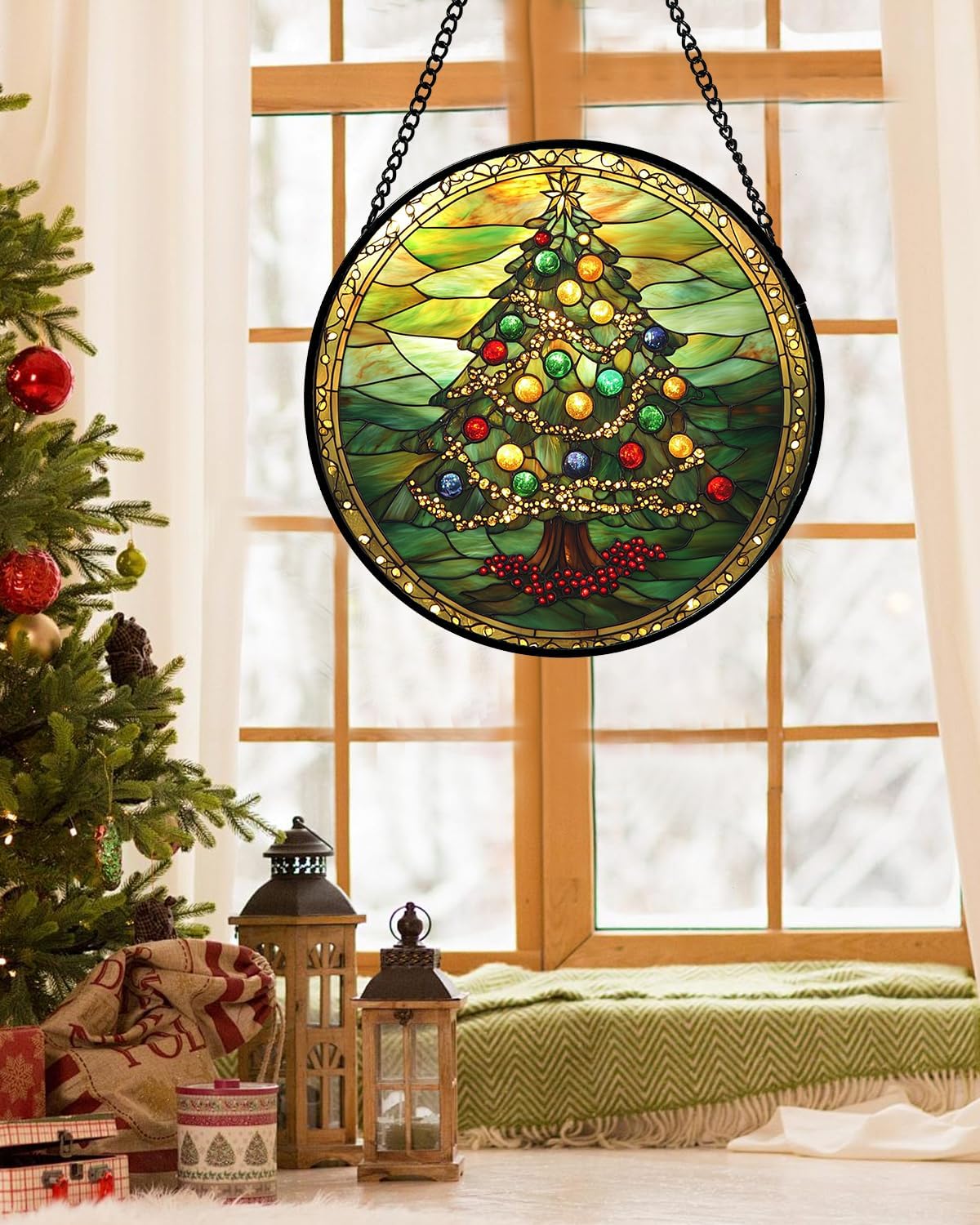 Stained Glass Window Hanging - Green Christmas Tree Gold Ribbon Suncatcher for Doors Home Christmas Decoration Sun Catcher Thanksgiving New Year Birthday Gifts for Women Men Mom Nana 15 in