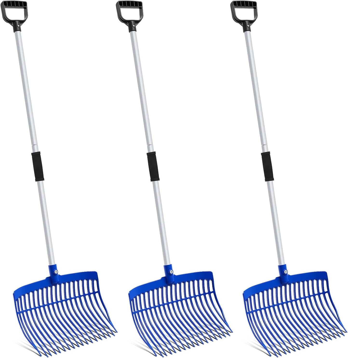 Lasnten 3 Sets Blue Manure Fork with Long Metal Handle Pitch Fork Manure Rake Heavy Duty Muck Rake for Gardening Horse Stall Stable Grass Hay Cleaning Farm Work(D Shaped Grip)