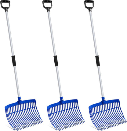 Lasnten 3 Sets Blue Manure Fork with Long Metal Handle Pitch Fork Manure Rake Heavy Duty Muck Rake for Gardening Horse Stall Stable Grass Hay Cleaning Farm Work(D Shaped Grip)