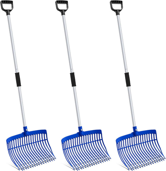 Lasnten 3 Sets Blue Manure Fork with Long Metal Handle Pitch Fork Manure Rake Heavy Duty Muck Rake for Gardening Horse Stall Stable Grass Hay Cleaning Farm Work(D Shaped Grip)