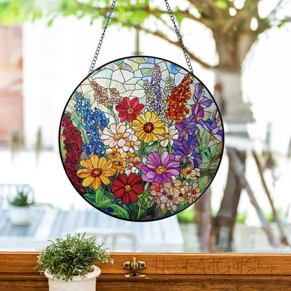Colorful Wildflowers Suncatcher -7.9 in Stained Glass Window Hanging Sun Catcher Garden Decor