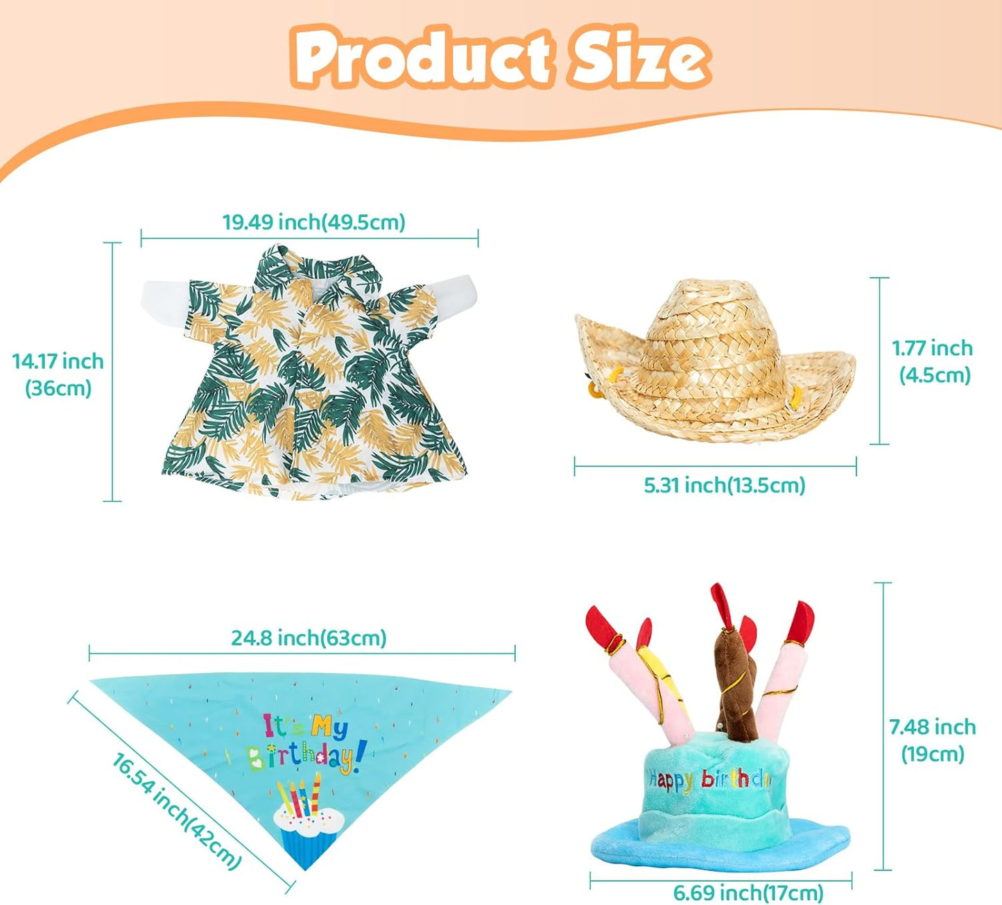 2 Set Porch Goose Outfits Hawaiian Summer Costume with Straw Hat and Glasses and Happy Birthday Outfit with Cake Hat and Bandana for 23" 17" Cement Plastic Goose Duck Lawn Decorations