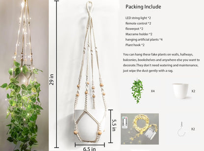 2 Packs Fake Hanging Plant with Lights Artificial Plants with Pots for Home Decor Macrame Plant Hanger with Faux Vines Greenery for Bedroom Bathroom Room Ceiling Wall Boho Decor Indoor Outdoor