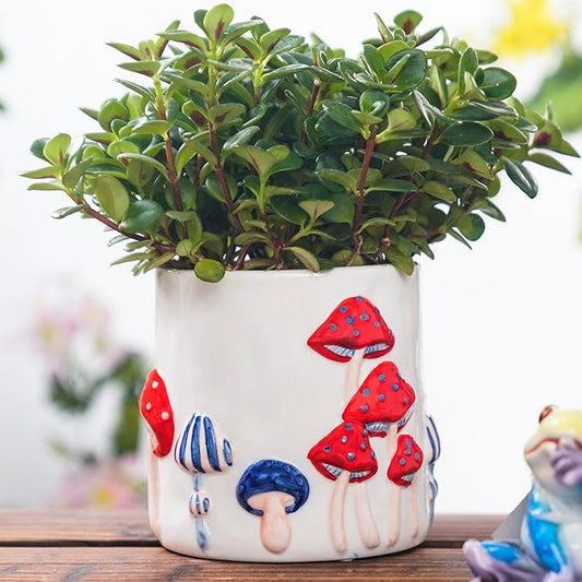 Colorful Mushroom Ceramic Planter for Indoor Plants, Small Plant Pots with Drainage, 5 Inch Pots for Plants, Flower Pots for Outdoor Indoor Plants, Plant Pot for Windowsill Patio Garden