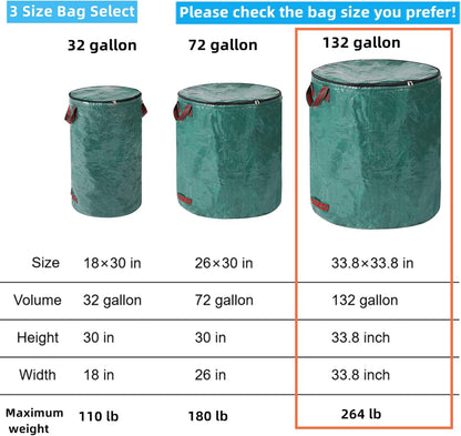 3 Pack 132 Gallons Reusable Yard Waste Bags with Double Bottom and Zipper Lid Extra Large Lawn and Leaf Bags Heavy Duty With 4 Handles Garden waste Bags Container for Debris Grass Clipping