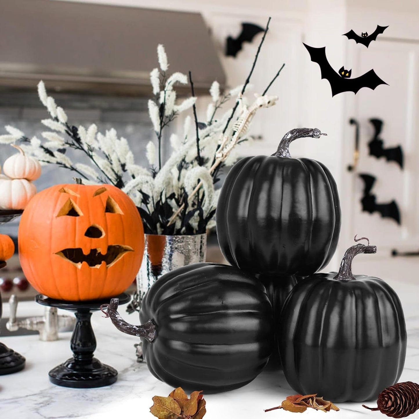 Artmag 6 Inch Large Artificial Pumpkins, 4PCS Big Black Faux Foam Harvest Pumpkins for Fall Autumn Thanksgiving Seasonal Holiday Decor