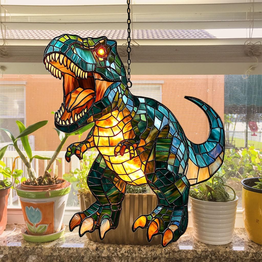 Fierce T-rex Acrylic Suncatcher Stained Glass Effect Window Car Hanging Christmas Ornament Indoor Outdoor Decor Garden Sun Catcher Panel for Dinosaur Lover for Women Mom Grandma