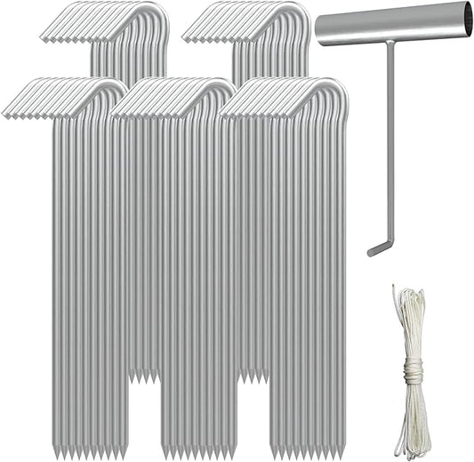 AAGUT Tent Stakes Heavy Duty Metal 9 Inch, 50 Pack Rust-Resistant Galvanized Steel Camping Stake Garden Edging Fence Hooks Yard Tent Pegs for Inflatable, Tarp, Outdoor Christmas Decorations (KIT)