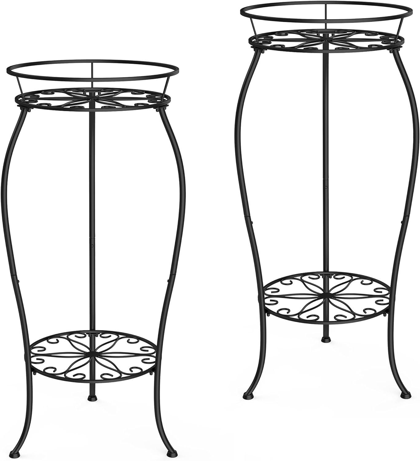 FaithLand 2 Pack Metal Plant Stands, Tall Planter Holder Indoor Outdoor, 2 Tier Round Potted Supports Rack, Corner Display Shelf Black