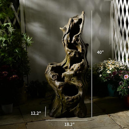 Water Fountain Outdoor 5-Tiers Large Cascading Realistic Tree Trunk Natural Waterfall Outdoor Fountain Resin Imitation Wood with LED Lights for Garden, Patio, Porch
