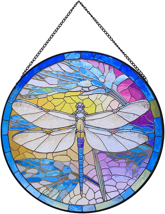 Hanging Stained Glass for Windows,20cm/7.87inch Dragonfly Hand-Painted Sun Catcher Garden Hangings Christmas Mother's Day, Valentine's Day Ornaments Festival Gift (B Style)