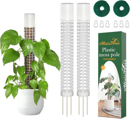 2 Pcs Plastic Moss Pole for Monstera, Large Cylindrical Shape Poles for Climbing Plants Work with Sphagnum Moss, 17.5 Inch linkable Plant Stake Set of 2, Garden Ties