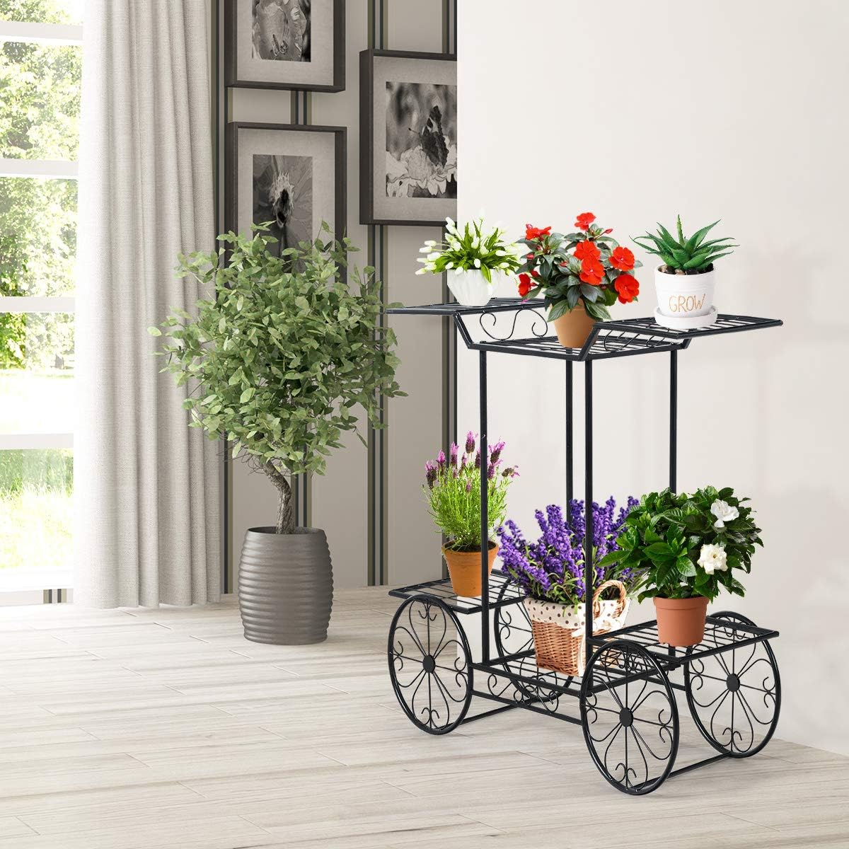 Giantex 6-Tier Plant Stand Flower Pot Holder Metal Flower Display Shelf with 4 Decorative Wheels Multilayer Parisian Style Plant Pot Holder Rack for Indoor, Garden, Patio, 32"L x 10"Wx 30"H, Black