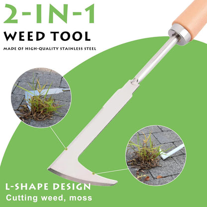 Crack Weeder, 12" Stainless Steel Crevice Weeding Tool with Wood Handle, L-Shaped Side-Walk Weed Puller Spatula, for Garden Lawn Yard Patio Terrace Paving Moss, Small Gardening Tool
