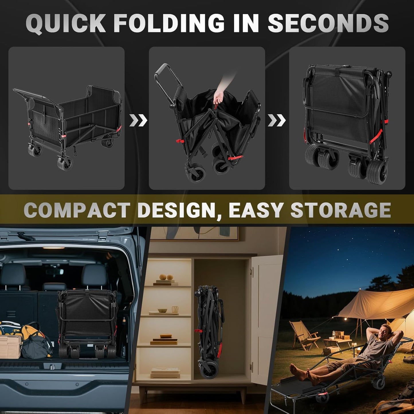 LEVELEVE Heavy Duty Folding Wagon - 2-in-1 Collapsible Cart, 650lb Capacity, All-Terrain Wheels w/Brakes & Side Pockets