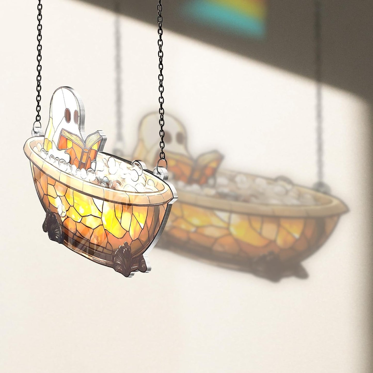 2 Boo Bathtub Acrylic Suncatchers, Gothic Cute Ghost Reading Book Window Hanging Ornaments, Halloween Horror Home Decor Witch Handmade Wall Art, Gift for Women Mom Friends Family