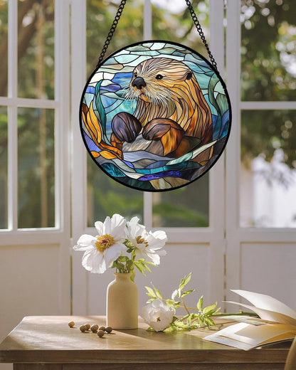 Stained Glass Suncatcher, Blue Ocean Cute Sea Otter Sun Catcher Stain Glass Window Hanging Decoration Mother's Day Birthday Gifts for Women Men Mom Nana 7.8 in