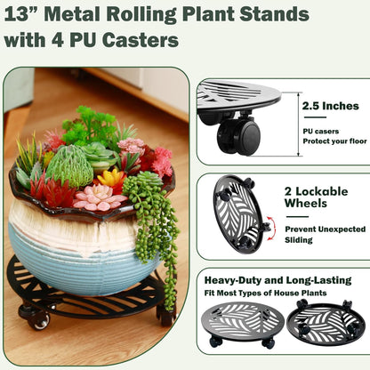 4 Packs Large Metal Plant Caddy with PU Wheels 13" Heav-duty Wroght Iron Rolling Plant Stands Indoor Outdoor Wheeled Plant Dolly Planter Mover Rollers Plant Trolley Cart, Plant Saucers Included