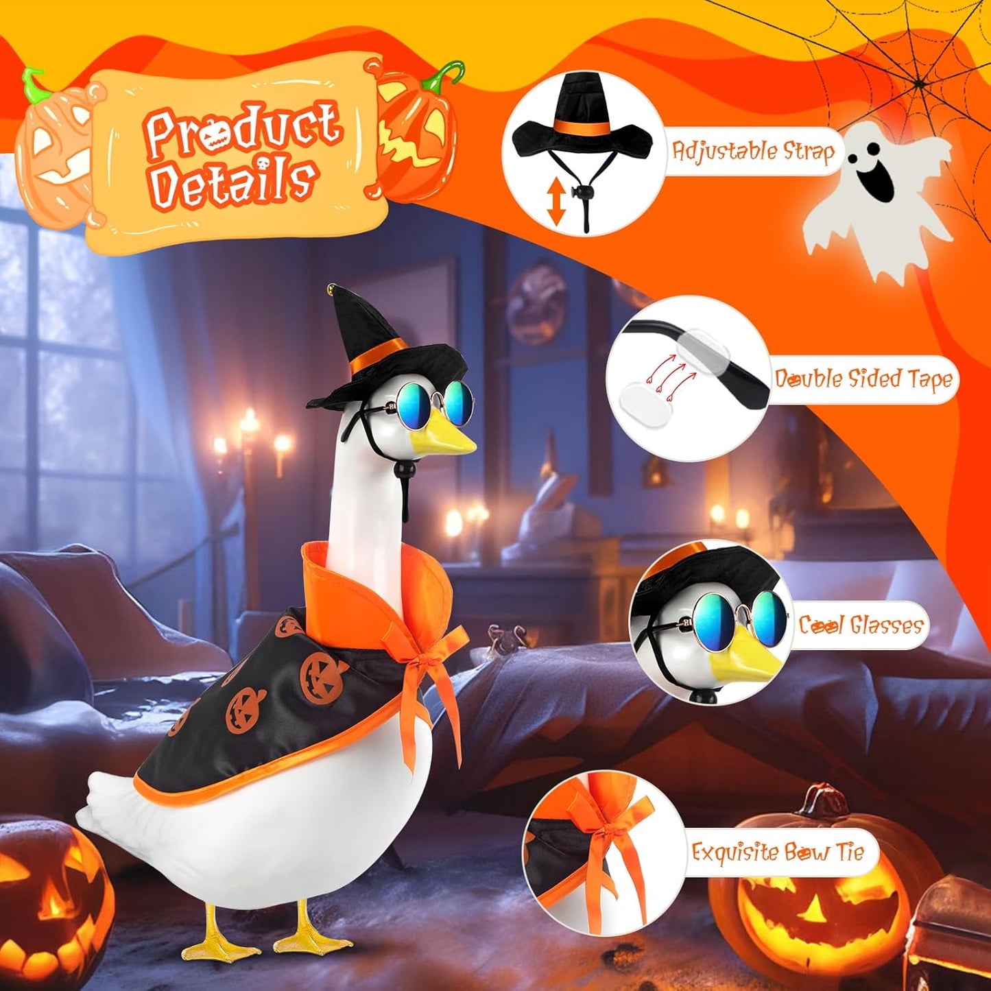 Halloween Goose Outfit and Fall Porch Goose Outfits with Hat & Sunglasses, Cement Plastic Goose Clothes Halloween Costume for 23" Geese Outdoor Patio Yard Lawn Duck Party