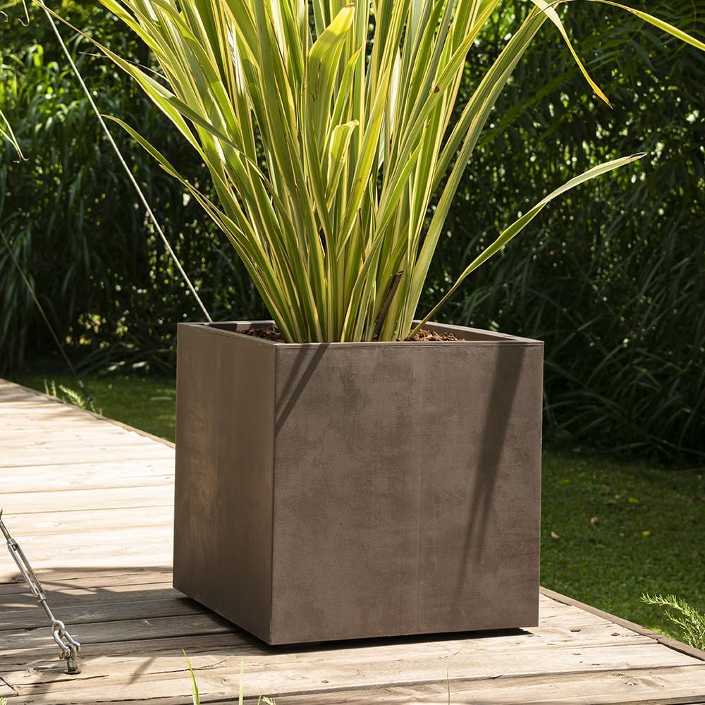 Deroma Millennium 15” Cube Planter | Light & Durable Plastic | Indoor or Outdoor Square Pot for Patio/Porch | Includes Water Reserve & Drain Plug | Trendy Planter for Plants, Flowers, Garden | Brown