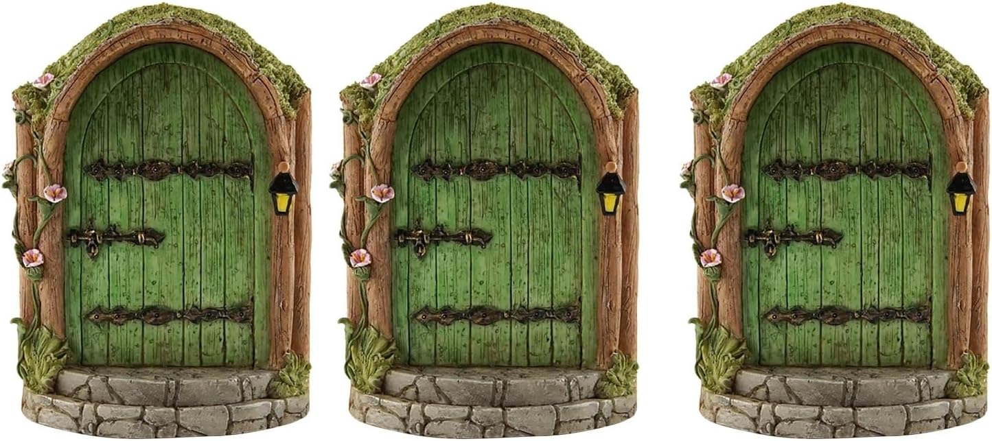 JJLFresheners 3Pcs Green Fairy Door Wooden Miniature Fairy Garden Doors Outdoor Mini Gnome House Accessories for Tree Trunk Ornaments Miniatures, Garden Sculptures and Statues, Fairy Door