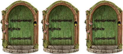 JJLFresheners 3Pcs Green Fairy Door Wooden Miniature Fairy Garden Doors Outdoor Mini Gnome House Accessories for Tree Trunk Ornaments Miniatures, Garden Sculptures and Statues, Fairy Door
