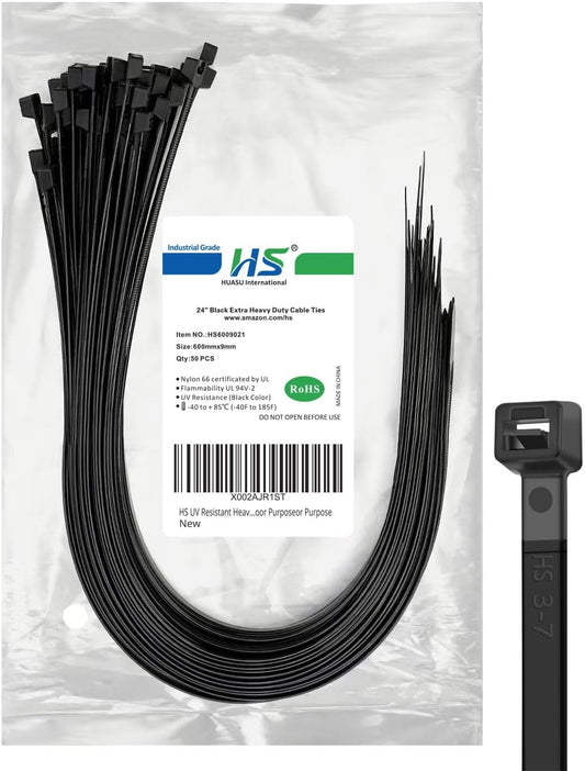 HS Extra Long Cable Zip Ties Heavy Duty 24 Inch, Strong Large Plastic ZipTies Big Straps 200 LBS UV