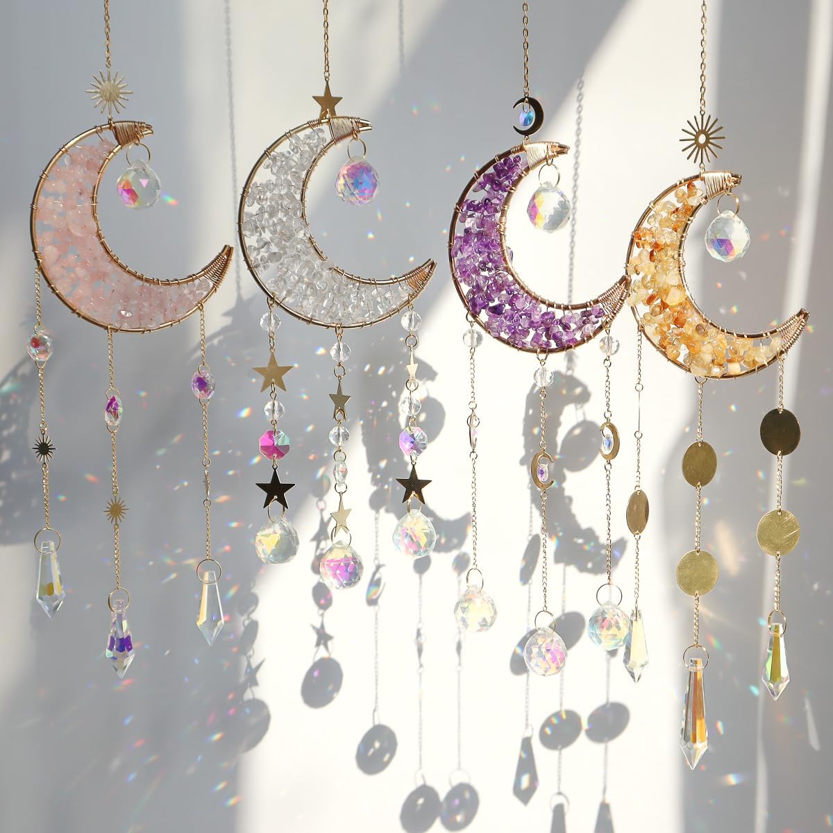 Moon Suncatcher Hanging Decor, Boho Chic Amethyst Crystal Sun Catcher, Spritual Sun Light Catcher for Windows, Crescent Moon Housewarming Gift (Amethsyt)