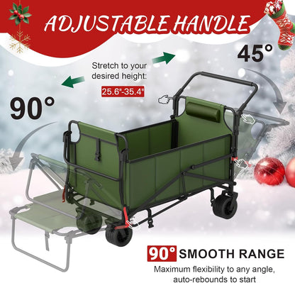 LEVELEVE Heavy Duty Folding Wagon - 2-in-1 Collapsible Cart, 650lb Capacity, All-Terrain Wheels w/Brakes & Side Pockets (Army Green)
