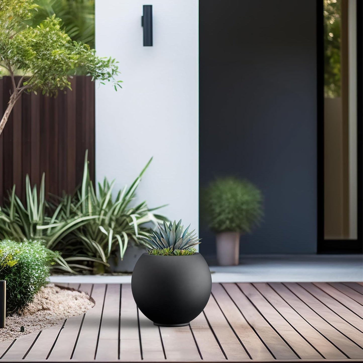 Kante Round Concrete Flower Pot, 11 Inch Dia (7.9" Opening) Sphere Shape Design Planter with Drainage Hole and Rubber Plug for Indoor & Outdoor Plants, Black Finish with Warm Brown Interior