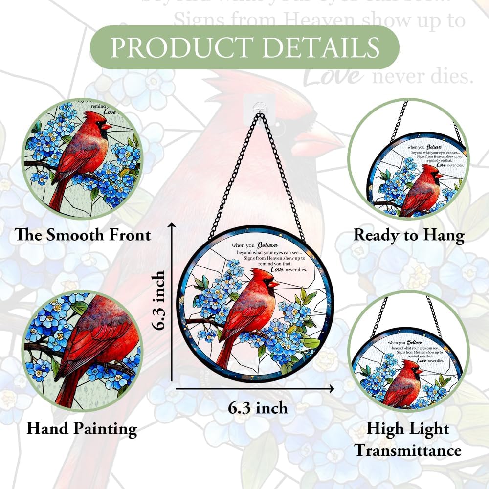 Red Cardinal Stained Glass Window Hanging, Bird Suncatcher for Window, Condolences Suncatcher Glass, Red Bird Home Decor for Remembrance and Healing, Diamond Glass Decor, Sympathy Gifts for Women Men