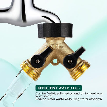 Dalmbox Garden Hose Splitter 2 Way, Y Connector Brass Garden Hose Adapter, Water Hose Splitter, Double Shut Off Valve, Includes 5 Rubber Washers & Teflon Tape(2 pack)