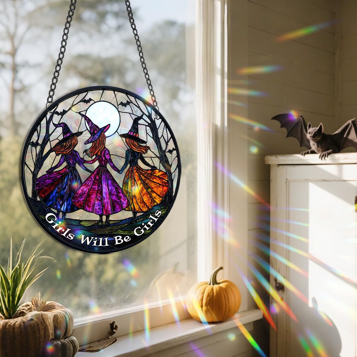 Halloween Sun Catcher - 8 Inch Round Suncatcher for Window Hanging Decoration - Creates Indoor Rainbows Light Refraction - Spooky Ghost, Witch, Pumpkin Design - Suction Cup Hook & Chain
