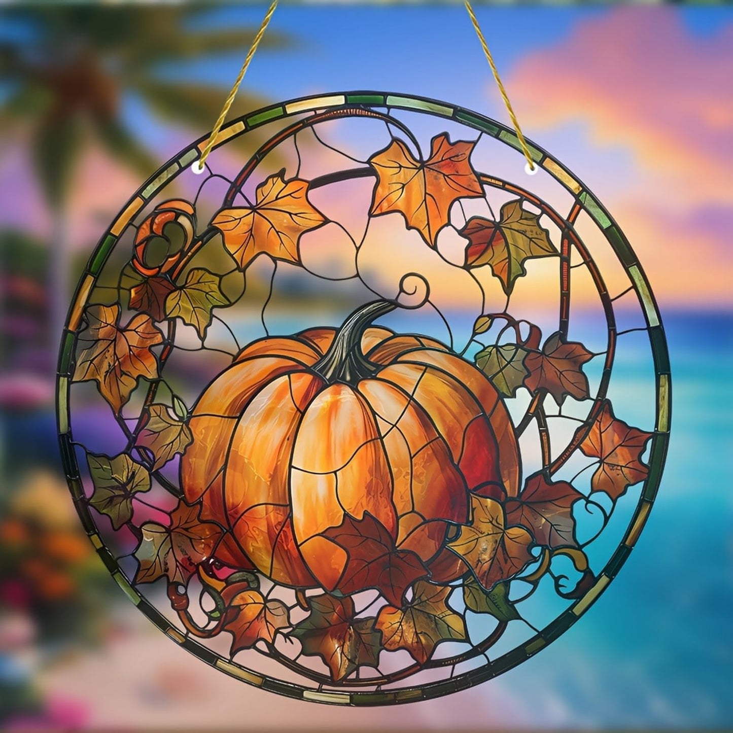 Halloween Suncatcher for Window Hanging Pumpkin Maple Leaves Designs Fall Acrylic Sun Catchers Horror Round Ornament Glass Decoration for Thanksgiving Garden Home Party Supplies 7.87inch