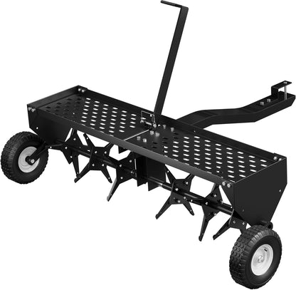 40" Lawn Aerator Tow Behind, Pull Behind Aerator with Universal Hitch, 24 Galvanized Steel Tines, Tray and Pneumatic Tires, Plug Behind Aerator is Suitable for Gardens, Lawns and Farms