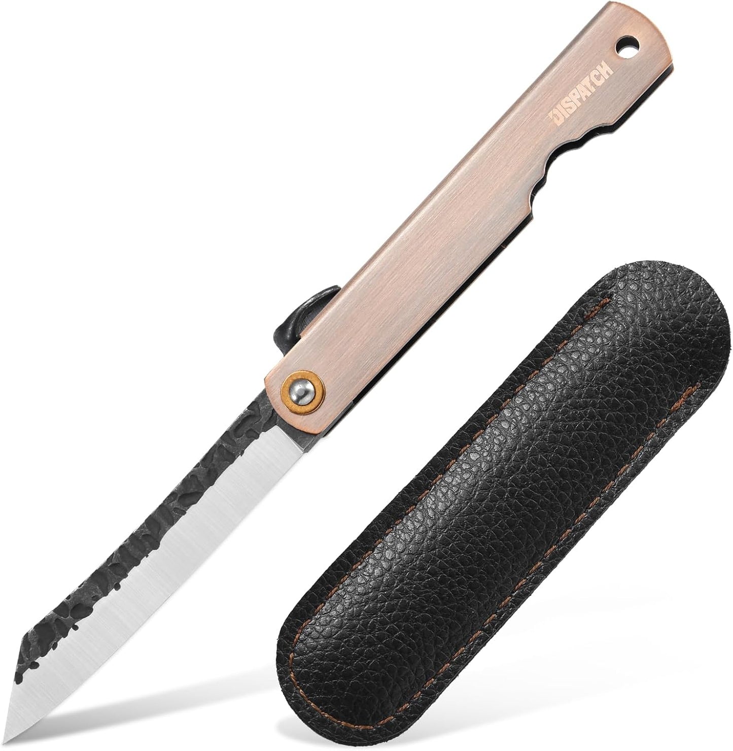 Dispatch EDC Pocket Knife, 2.8" Full Panel Plain Edge Blade Folding Knife with 7Cr13Mov Black Stonewashed Forged Blade & Red Bronze Electroplated Handle, Includes Black PU Sheath