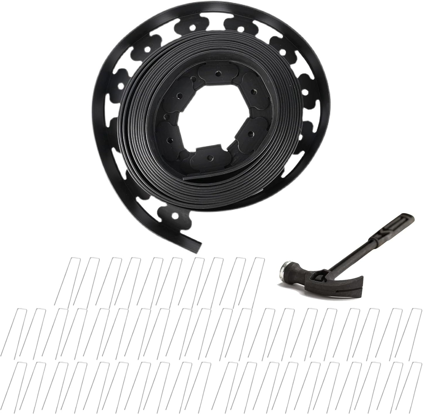 Garden Edging Kit for Landscaping 32ft L Shaped Border 2 Inch Tall Flexible Plastic Includes 50 Metal Stakes Plus Installation Hammer for Flower Beds Lawn and Yard