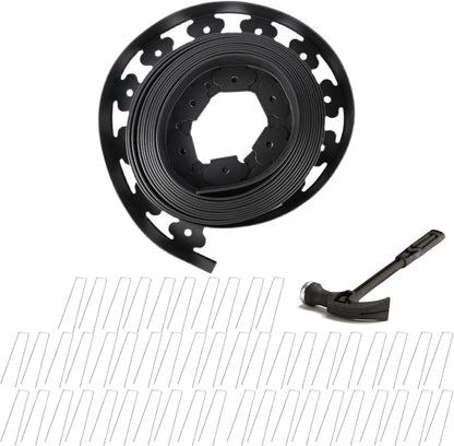 Garden Edging Kit for Landscaping 32ft L Shaped Border 2 Inch Tall Flexible Plastic Includes 50 Metal Stakes Plus Installation Hammer for Flower Beds Lawn and Yard