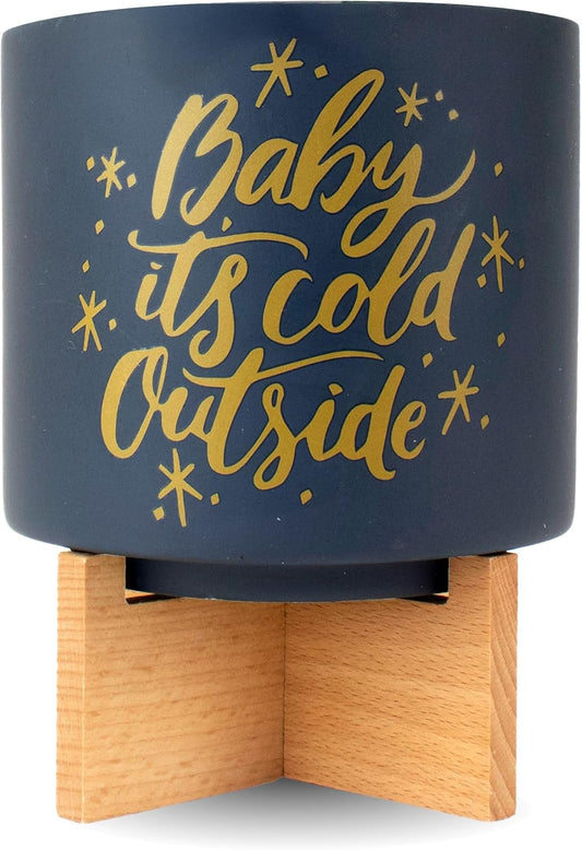 Ceramic Holiday Planter Pot with Wood Stand, Baby It's Cold Outside Design, Navy Blue & Gold, Holds 4" House Plant or Succulent, Festive Winter Christmas Home Decor