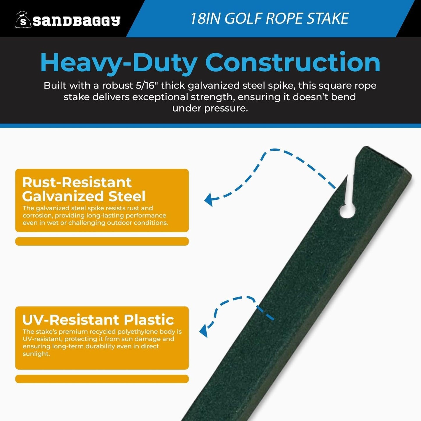 18" Golf Rope Stake - Square Stake (UV Resistant) - Sandbaggy (18-inch, 15, Count)
