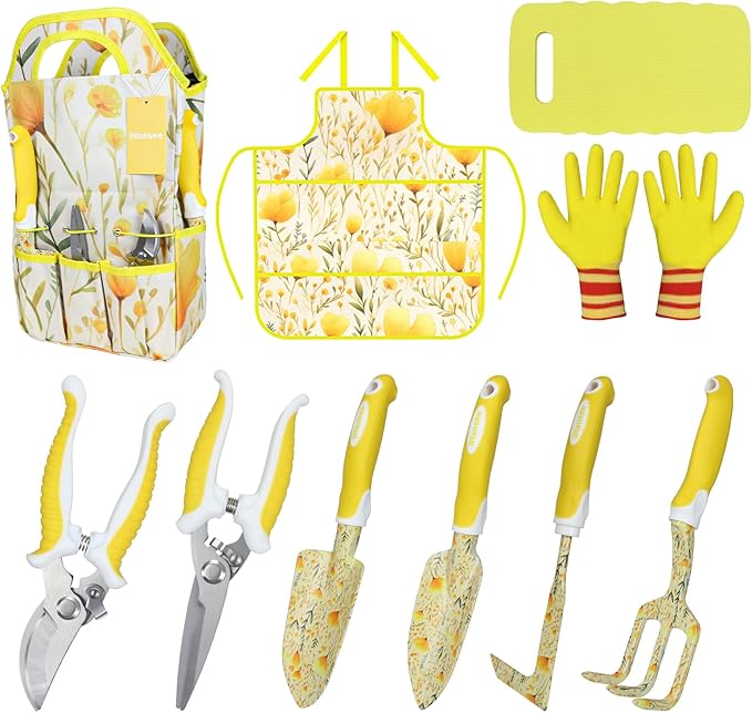 Yellow Garden Tools for Women, iHansee 10-Piece Garden Tools Set with Handbag, Gardening Hand Tool w/Non-Slip Ergonomic Handle, Floral Print Garden Supplies, Cute Gardening Gift for Mom Grandma