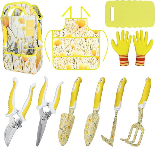 Yellow Garden Tools for Women, iHansee 10-Piece Garden Tools Set with Handbag, Gardening Hand Tool w/Non-Slip Ergonomic Handle, Floral Print Garden Supplies, Cute Gardening Gift for Mom Grandma