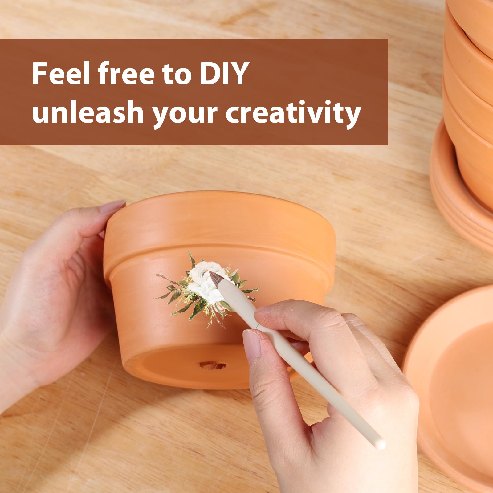 INGOFIN 5 Inch Terracotta Shallow Pots Set with Saucer - Ceramic Clay Pots with Drainage Hole