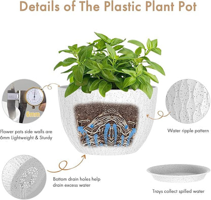 12 Inch Wide Water Ripples Flower Pots for Indoor or Outdoor Plants, Large Plant Pots with Drainage Holes & Saucer, Plastic Planters Set for Garden & Home Decor (White with Black Speckles)