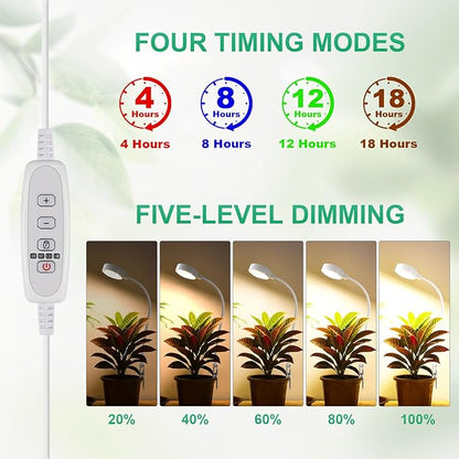Grow Lights for Indoor Plants, Pot Clip LED Plant Lights for Indoor Growing, Full Spectrum, Plant Lamp with 5-Level Dimmable, Auto On Off 4/8/12/18 Hrs Timer for Succulents, Small Plant, White, 5V.