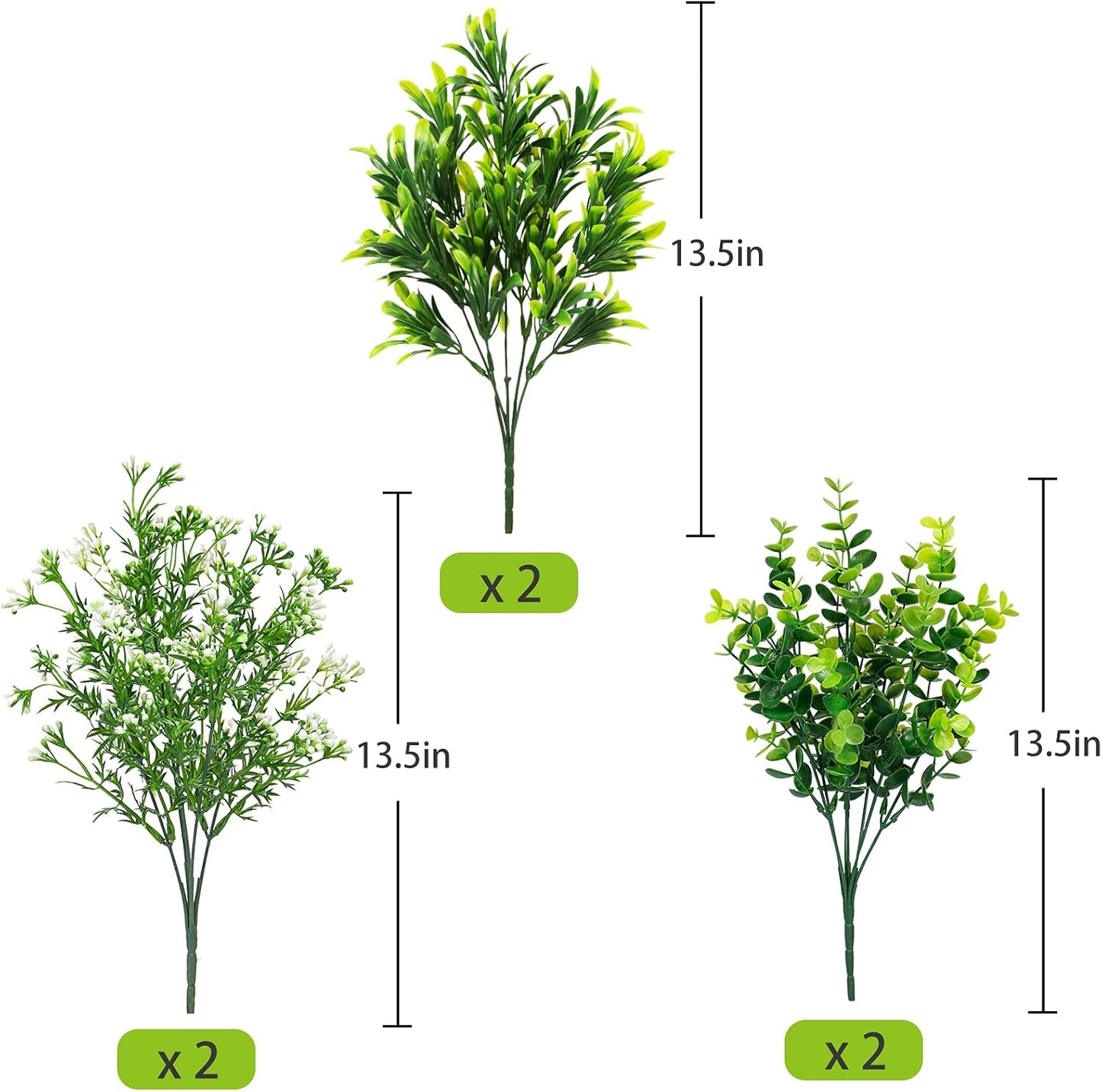 Ouddy Decor 6 Bundles Artificial Greenery Stems Mixed Fake Plants Eucalyptus Stems Babys Breath Faux Plastic Artificial Plants & Flowers for Outdoor Indoor Garden Home Window Box Decor